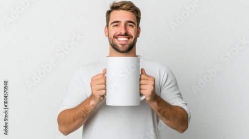 Cheerful man holding a large coffee mug, smiling on a white isolate background. Perfect for mockup and product design.