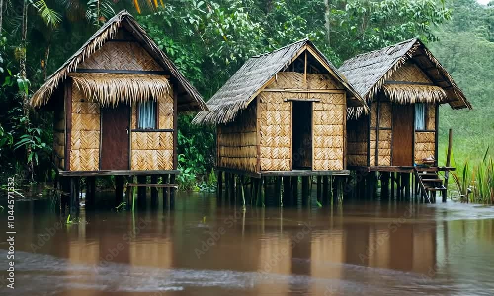 Three traditional huts on stilts surrounded by water in a lush, green environment. Three traditional huts on stilts surrounded by water in a lush, green environment.