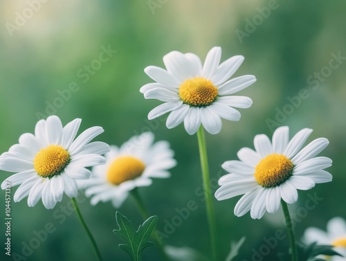 White daisies with yellow centers bloom in a field. AI.