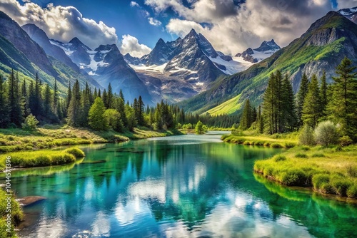 Mountain landscape with lake, river, valley