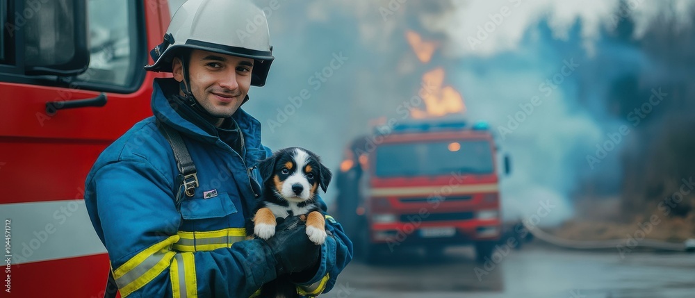 A firefighter holds a small dog after a fire. AI. A firefighter holds a small dog after a fire. AI.
