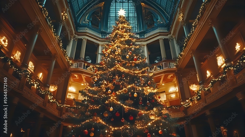 Obraz premium A beautifully decorated Christmas tree adorned with lights stands inside a historic church, showcasing the majestic architecture and religious art that fills the space