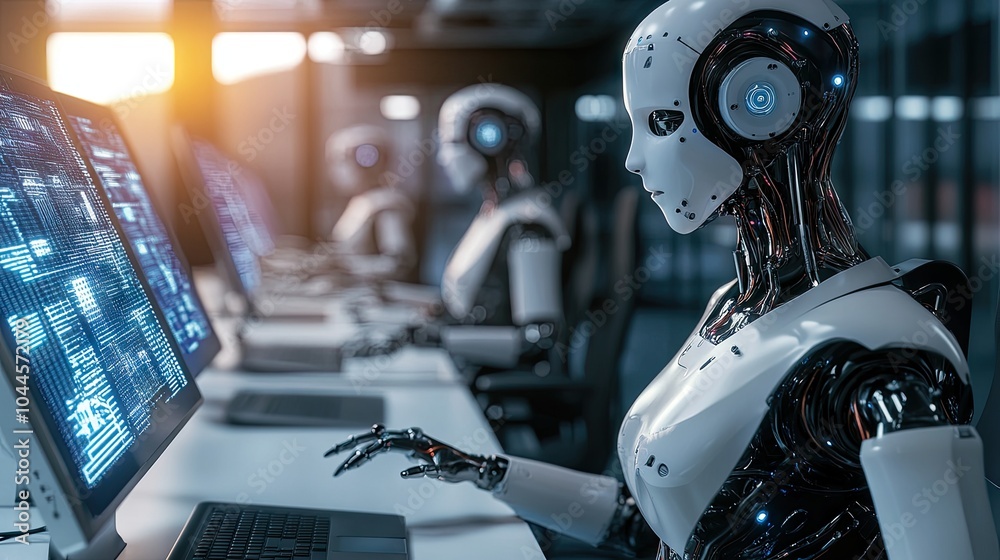 Fototapeta premium High-tech robots navigating advanced offices, reviewing dynamic city layouts and future innovations through AI-powered systems.