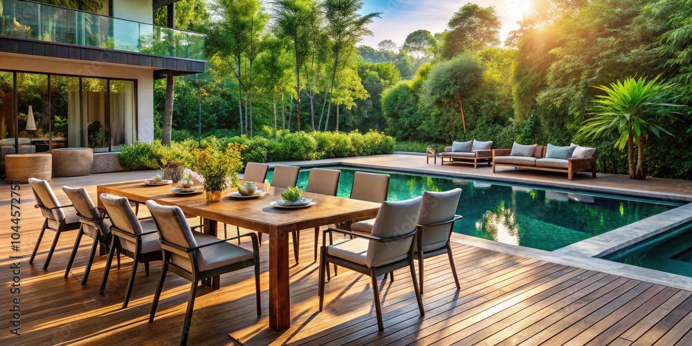 Modern Poolside Relaxation with Stylish Table and Chairs on Wooden Decks at a Hotel Resort for Leisure and Recreation in a Scenic Urban Setting Modern Poolside Relaxation with Stylish Table and Chairs on Wooden Decks at a Hotel Resort for Leisure and Recreation in a Scenic Urban Setting