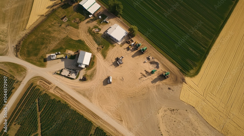 Aerial View of Sprawling Farm with Crops and Equipment Aerial View of Sprawling Farm with Crops and Equipment