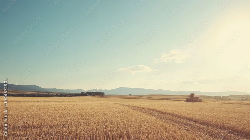 Farmer Harvesting Wheat in Golden Field Under Blue Sky Farmer Harvesting Wheat in Golden Field Under Blue Sky