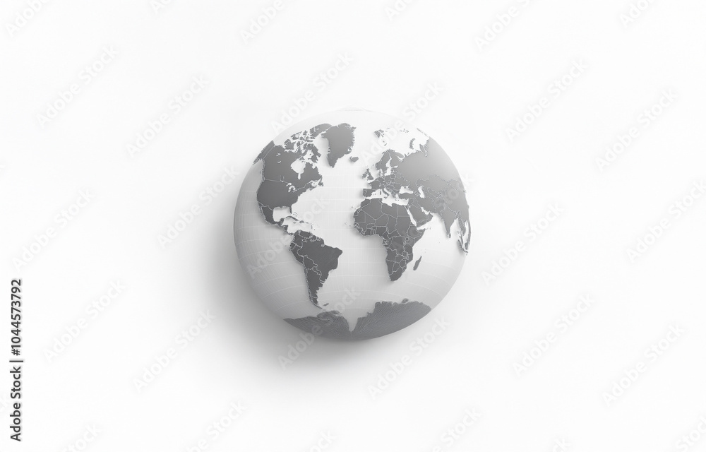 Fototapeta premium A gray-toned globe is displayed on a white background, highlighting the continents in a stylized, minimalist fashion.