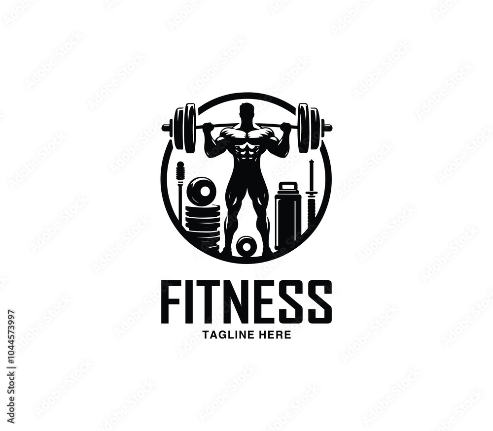 Fitness and gym body building logo design. Silhouette of bodybuilder. Fitness center gym logo vector Fitness and gym body building logo design. Silhouette of bodybuilder. Fitness center gym logo vector