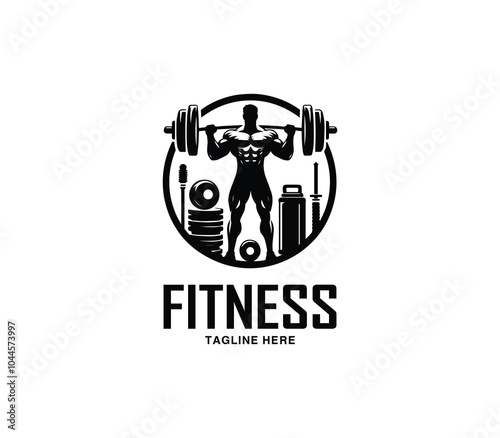 Fitness and gym body building logo design. Silhouette of bodybuilder. Fitness center gym logo vector