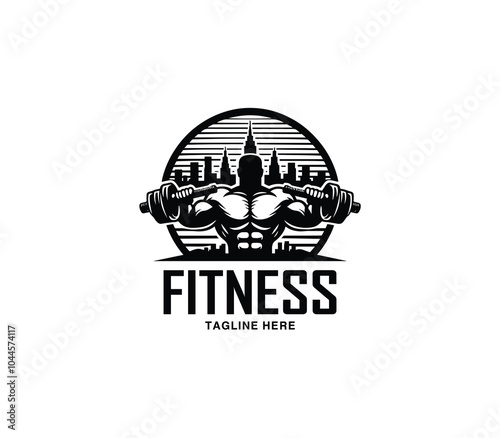 Fitness and gym body building logo design. Silhouette of bodybuilder. Fitness center gym logo vector
