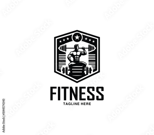 Fitness and gym body building logo design. Silhouette of bodybuilder. Fitness center gym logo vector