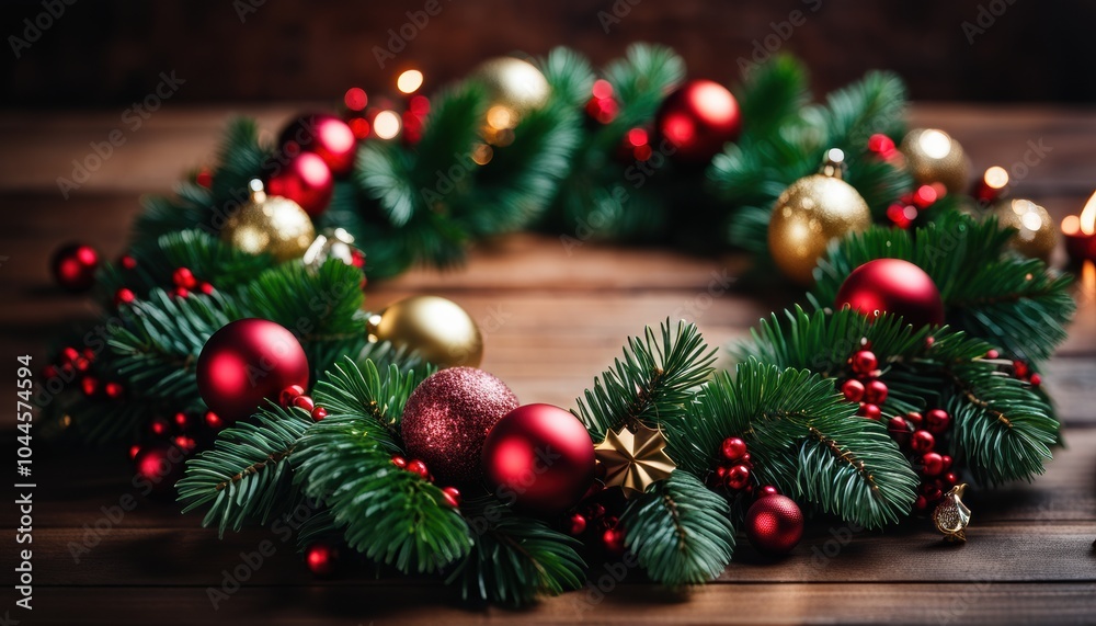 Fototapeta premium Festive Christmas background with red and gold baubles