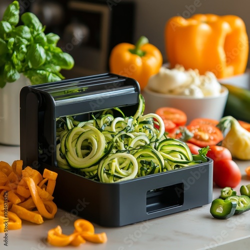 A black spiralizer with zucchini noodles, surrounded by fresh vegetables. photo