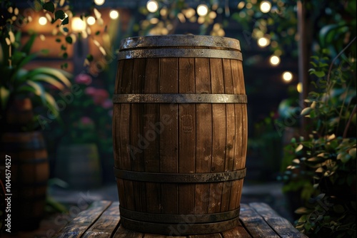 wooden barrel wooden barrel Rustic wooden barrel on a night background.