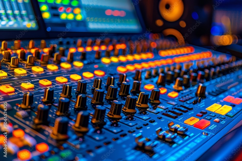 Fototapeta premium A high tech sound mixer console is set up at a live event, with vibrant controls and screens displaying audio settings. Bright stage lights illuminate the background