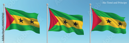 Set of three flags of Sao Tome and Principe waving on flagpoles