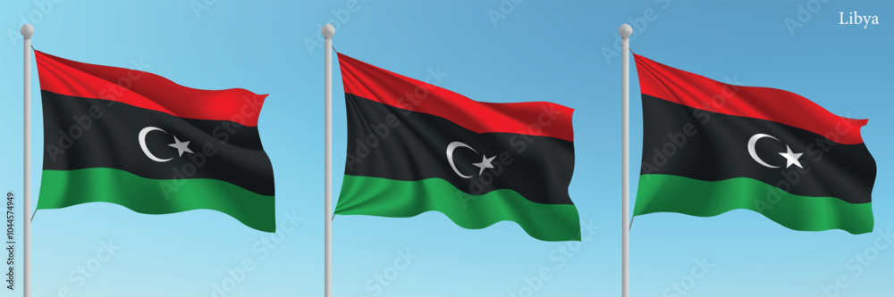 Set of three flags of Libya waving on flagpoles Set of three flags of Libya waving on flagpoles