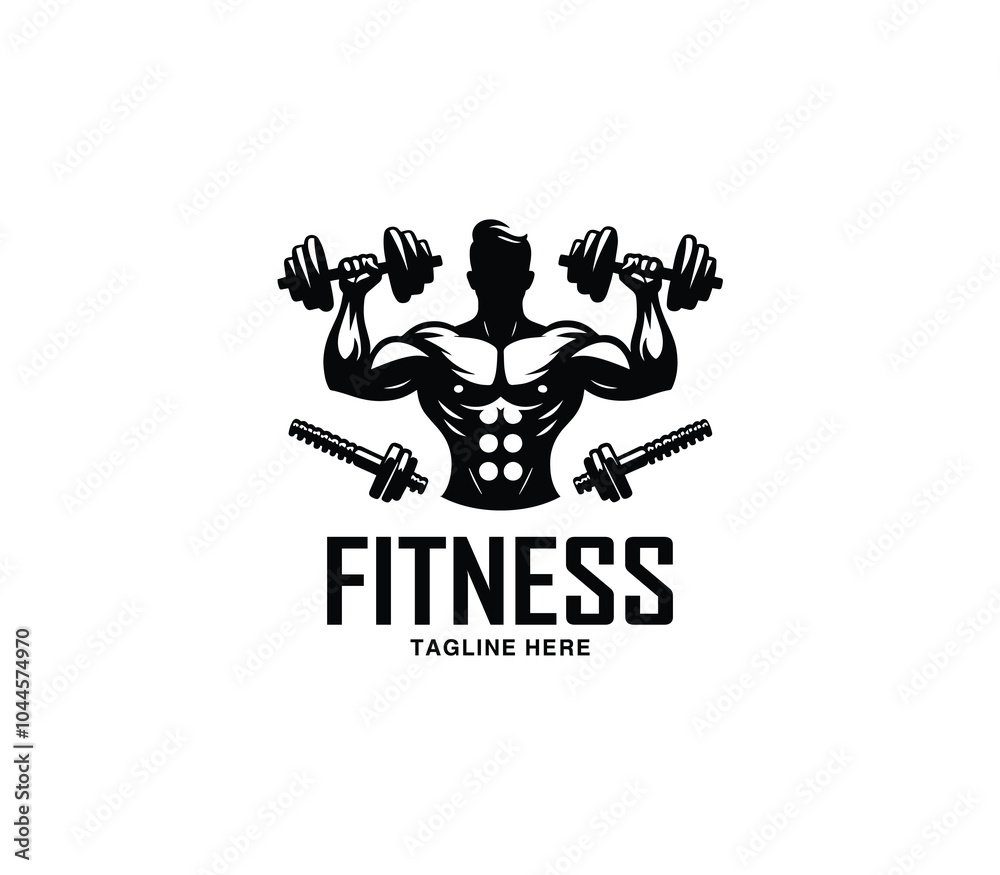 Naklejka premium Fitness and gym body building logo design. Silhouette of bodybuilder. Fitness center gym logo vector