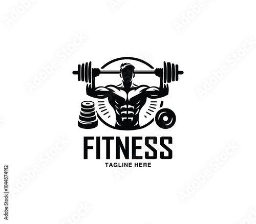 Fitness and gym body building logo design. Silhouette of bodybuilder. Fitness center gym logo vector
