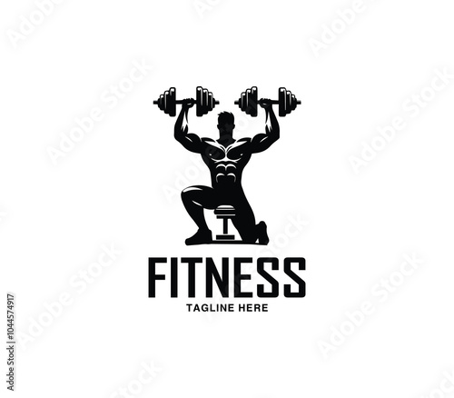 Fitness and gym body building logo design. Silhouette of bodybuilder. Fitness center gym logo vector