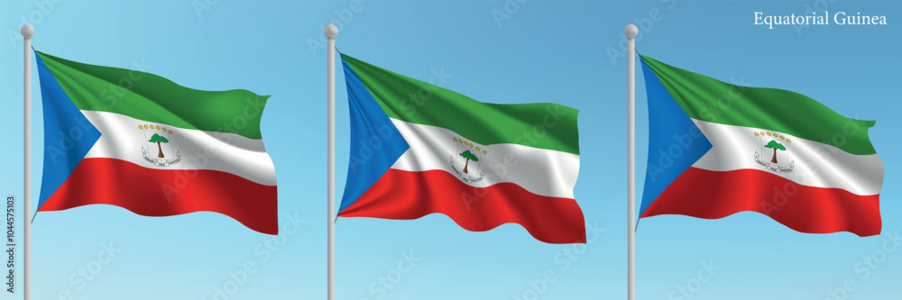 Set of three flags of Equatorial Guinea waving on flagpoles Set of three flags of Equatorial Guinea waving on flagpoles