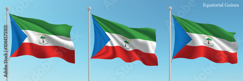 Set of three flags of Equatorial Guinea waving on flagpoles
