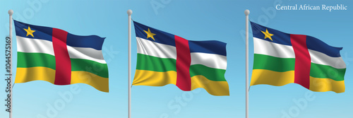 Set of three flags of Central African Republic waving on flagpoles
