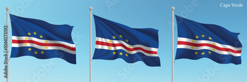 Set of three flags of Cape Verde waving on flagpoles