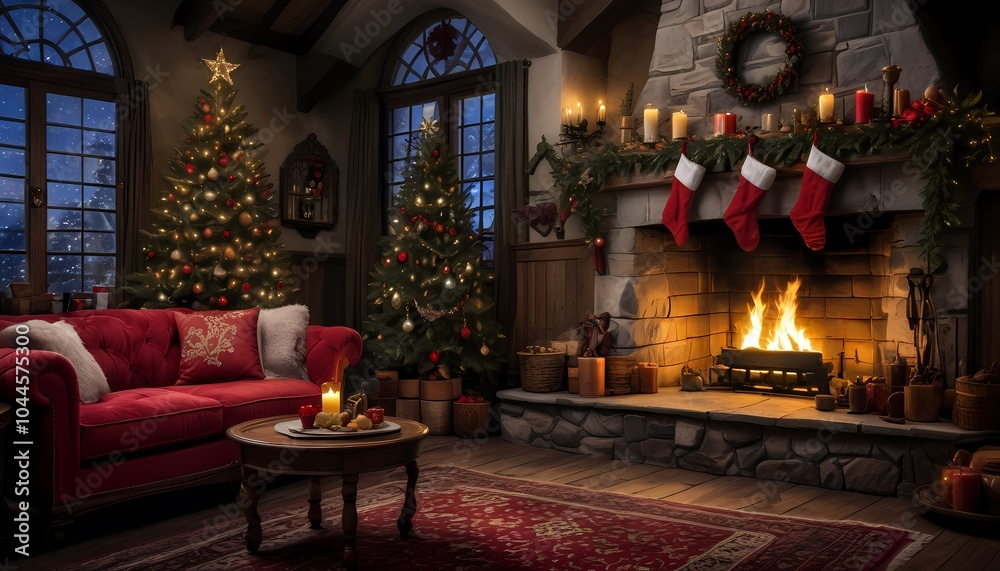 cozy living room, fireplace, christmas tree, warm lighting, soft blankets