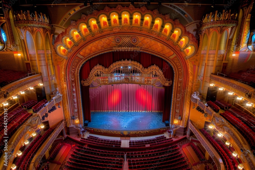 Obraz premium A grand theater with plush red seats, an illuminated stage, and ornate gold details. The scene shows an empty, elegantly designed auditorium with warm lighting and a dramatic curtain backdrop.