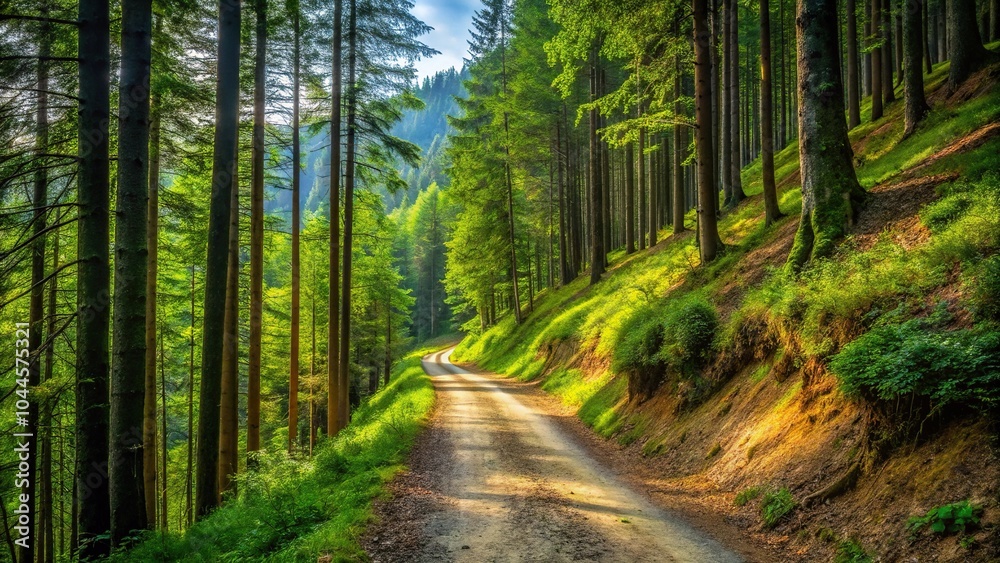 Fototapeta premium Mountain road through forest on tilted slope