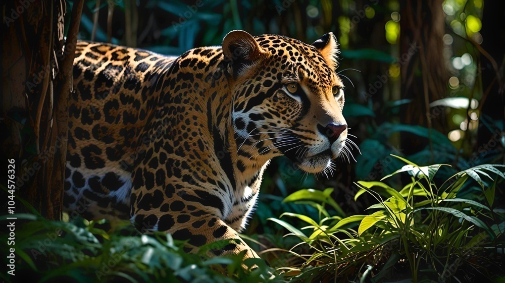 Obraz premium Jaguar, A Majestic Jaguar Stalking Through a Lush Jungle, Capturing the Essence of Wild Beauty