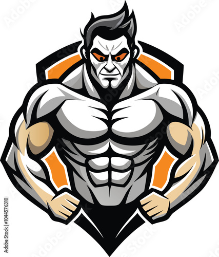 Powerful Muscular Man Logo: Fierce bodybuilder emblem, strong and muscular man vector illustration, perfect for gym, fitness, or sports team logo.  