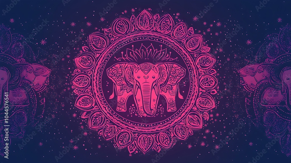 A symmetrical mandala featuring elephant motifs in each quadrant, intertwined with traditional Indian decorative shapes. A symmetrical mandala featuring elephant motifs in each quadrant, intertwined with traditional Indian decorative shapes.