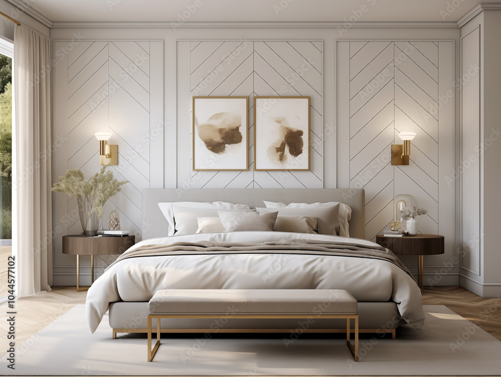 Fototapeta premium Living room interior in modern minimalist style with wooden panneling. Neutral and light colors interior with wood wall panels. Wood panneling walls. 