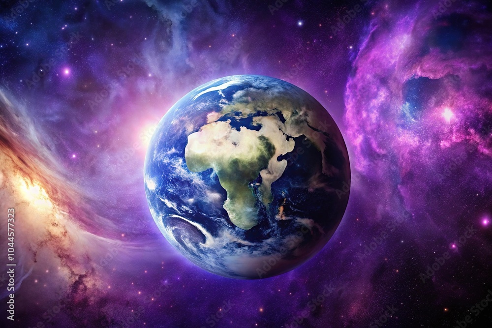 Silhouette Earth seen from space surrounded by a vibrant purple nebula Silhouette Earth seen from space surrounded by a vibrant purple nebula