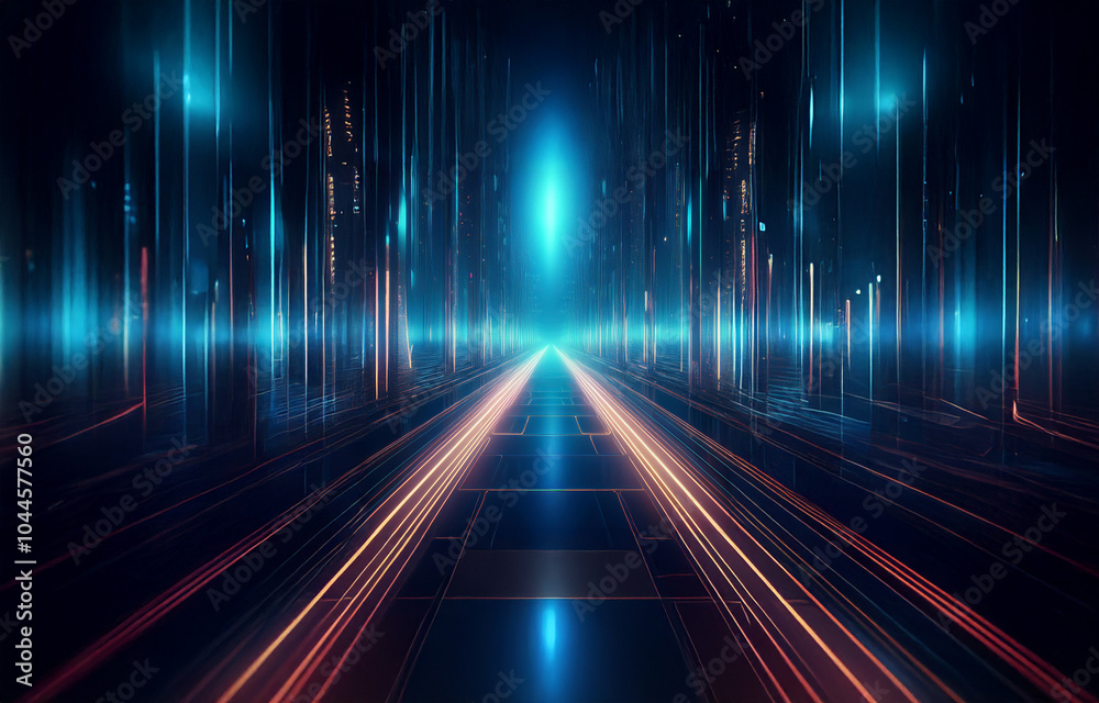 Fototapeta premium A glowing, futuristic cityscape with lines of light forming a path to the bright horizon.