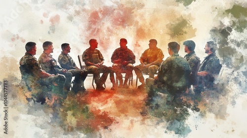Group therapy for veterans, emotional healing and bonding, military community, watercolor style