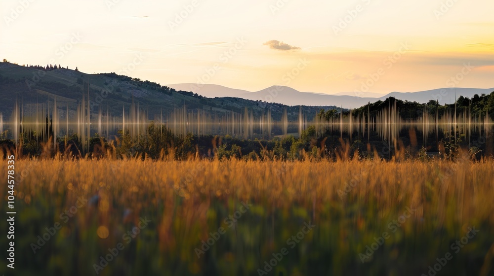 Fototapeta premium Sound waves radiating across a serene landscape, symbolizing the interconnectedness and harmony of natural and auditory elements.