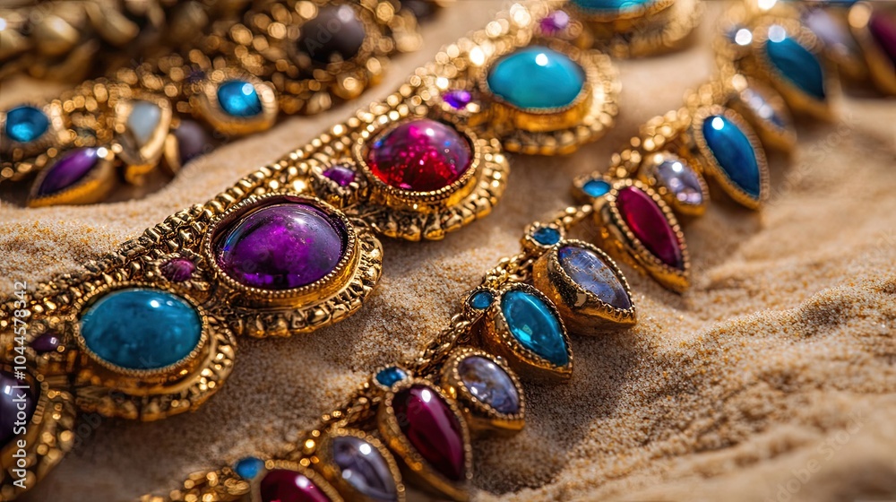 Close-up of Golden Jewelry with Gemstones on Sand
