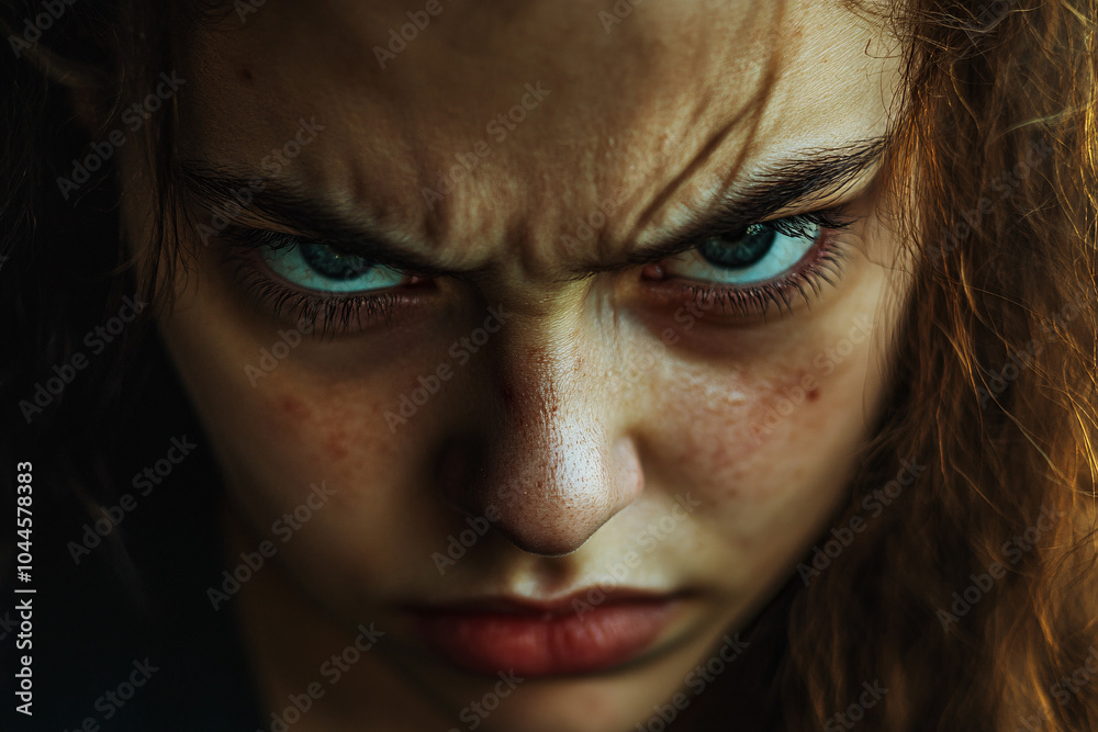 Close up of woman's face with angry facial expression Close up of woman's face with angry facial expression