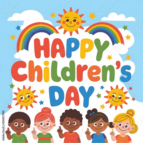 Children Celebrating Happy Children's Day with Rainbows and Sunshine