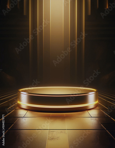 Illuminated Golden Platform: A radiant circular stage bathed in warm, golden light, set against a backdrop of sleek, dark pillars. Perfect for product display or artistic expression.