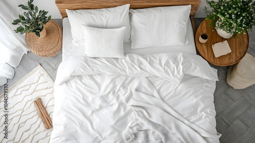 A top view of a peaceful bedroom with white bedding, wooden furniture, and soft lighting