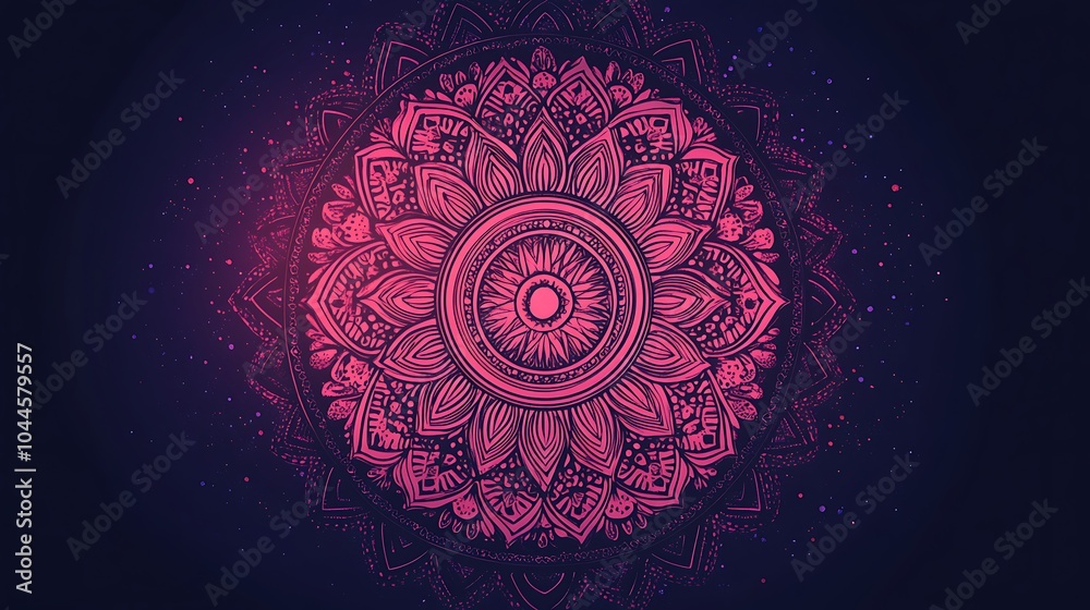 A symmetrical mandala with circular rings of geometric shapes and detailed floral designs, arranged concentrically. The flat illustration style highlights the fine details and balanced composition,