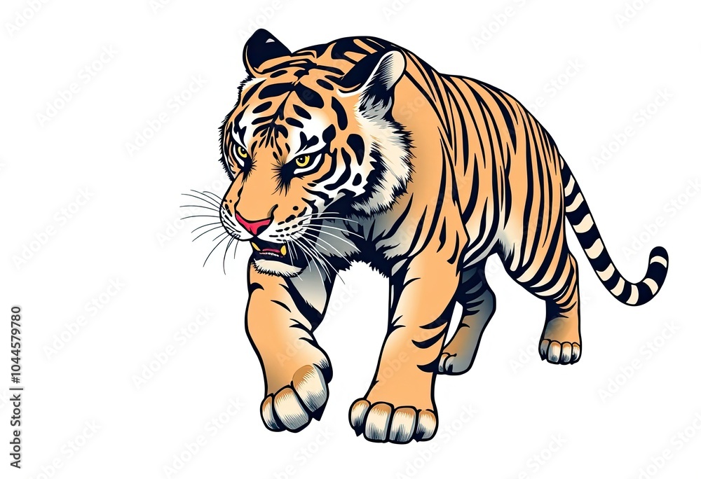Naklejka premium Majestic Bengal and Siberian Tiger Stalking - Full Body, Powerful Striped Predator Emblem for Wildlife, Jungle, and Big Cat Mascots