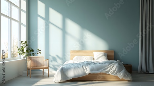 A minimalist Scandinavian bedroom with clean lines, soft lighting, and wooden furniture