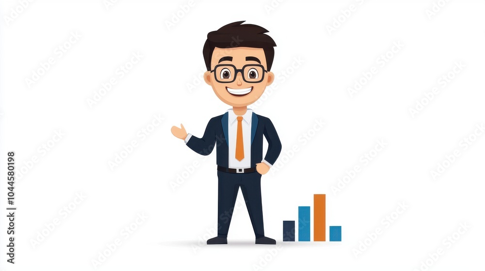 Investor pitch, presenter with bar graphs, flat design illustration ,clean background Investor pitch, presenter with bar graphs, flat design illustration ,clean background