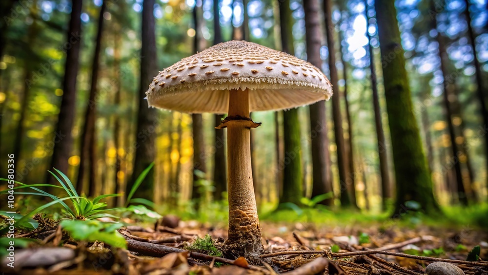 Mushroom Macrolepiota procera in symmetrical forest setting Mushroom Macrolepiota procera in symmetrical forest setting