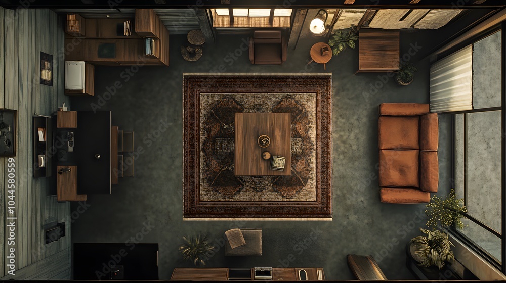 A top view of a cozy room with soft textures, natural lighting, and minimalist decor A top view of a cozy room with soft textures, natural lighting, and minimalist decor